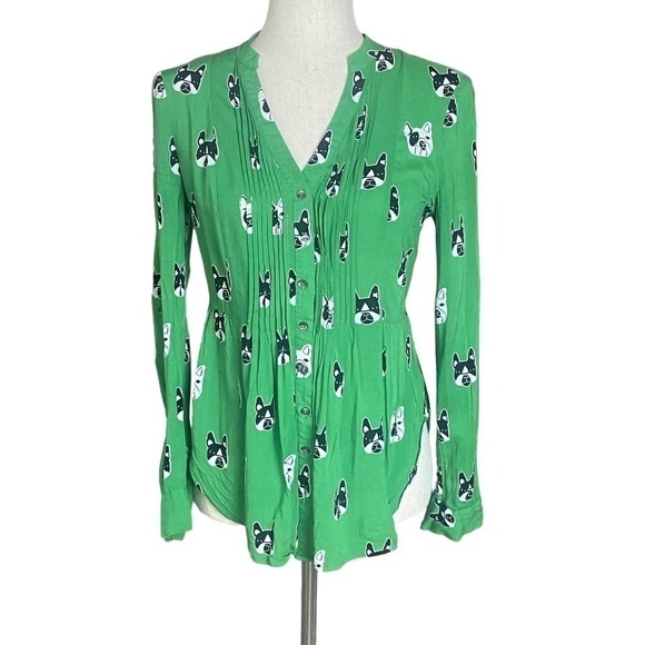 Maeve Anthropologie French bull dog blouse size 0 green - Picture 6 of 7
